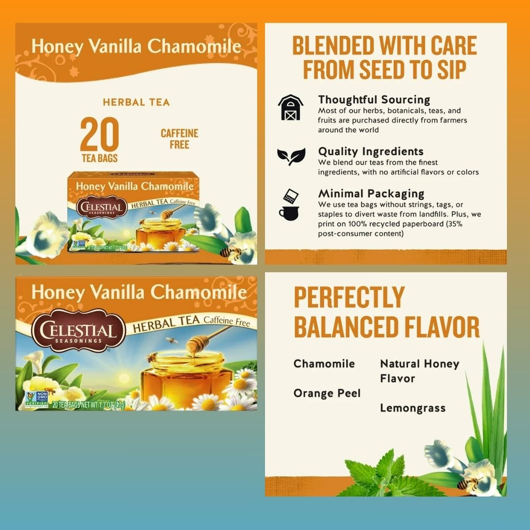 (4 pack) Celestial Seasonings Honey Vanilla Chamomile Caffeine-Free Herbal Tea Bags, 20 Count